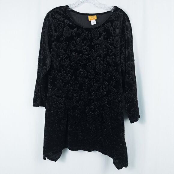Ruby Rd Velour Floral Scroll Embossed Tunic Top Womens Large Black Whimsigoth - Picture 1 of 13